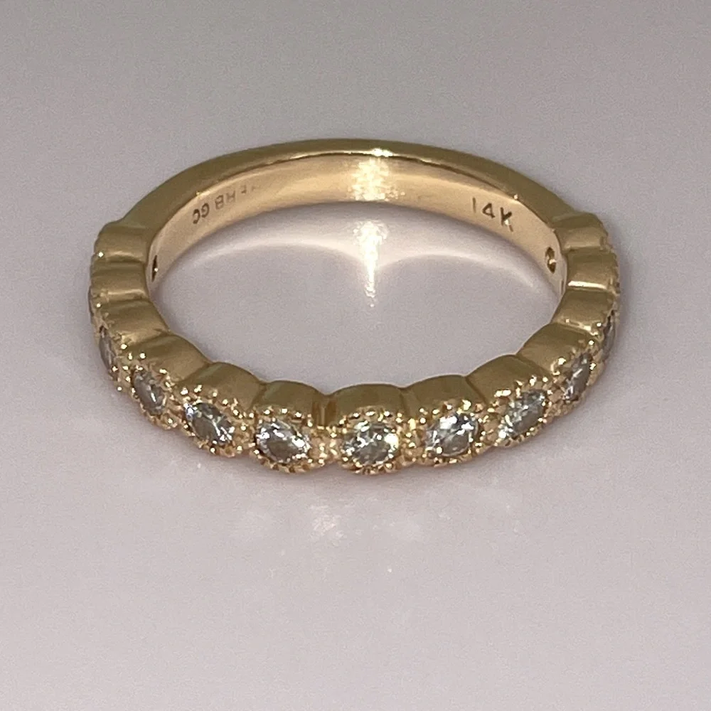 Solid Stamped 14K Yellow Gold Natural Diamond Semi Eternity Round Bead Band Ring